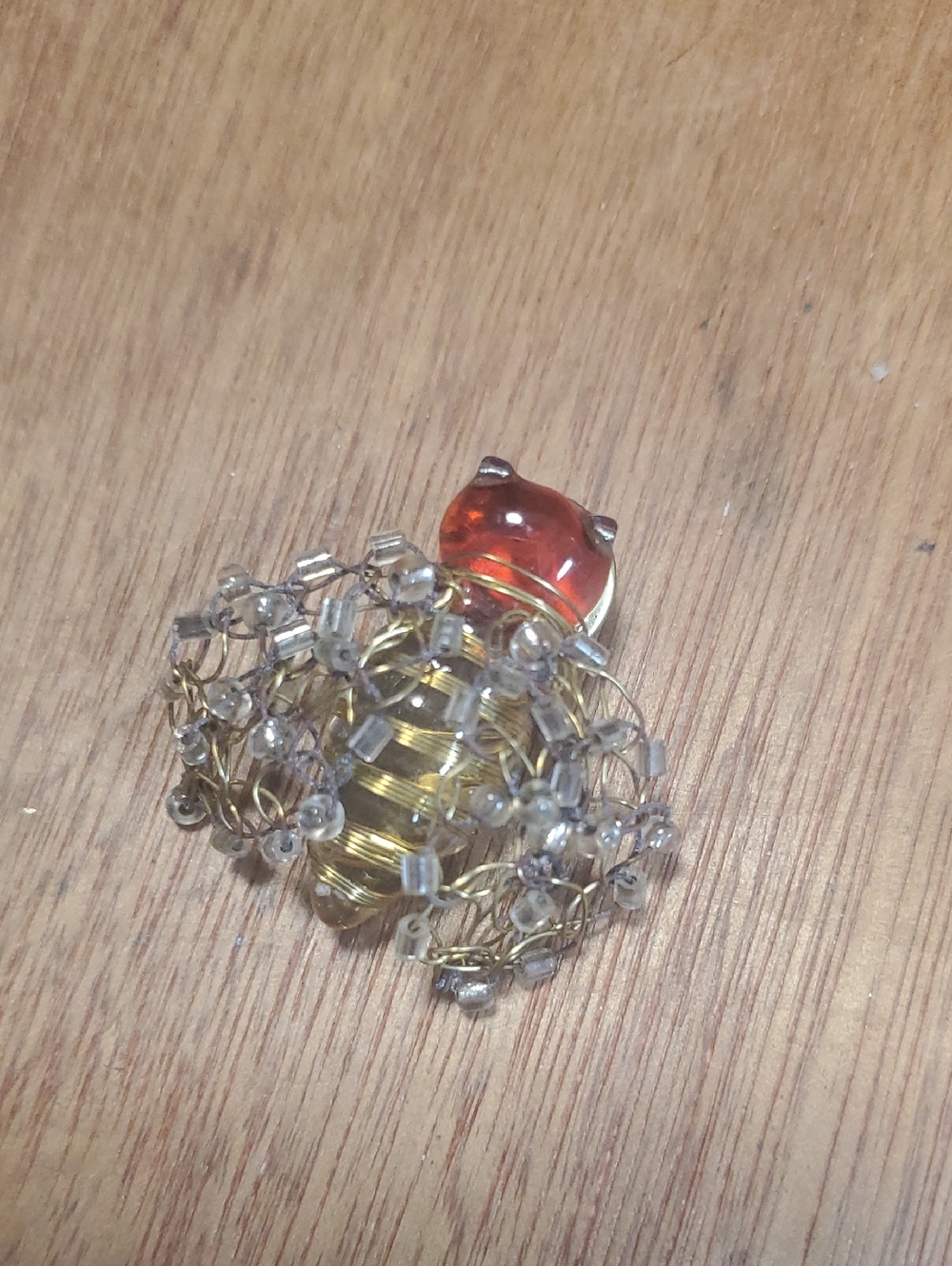 Handcrafted Amber-Tone Bee Brooch with Clear Bead Accents BD